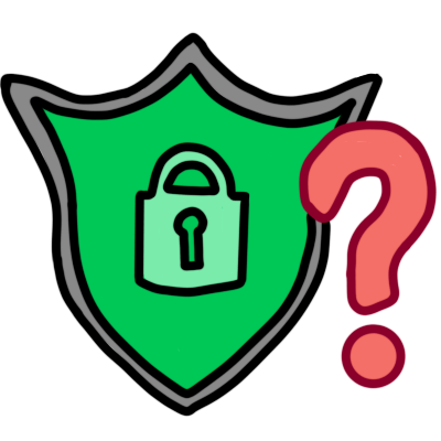 a green shield with a padlock on it and a red question mark next to it. the drawing has dark outlines